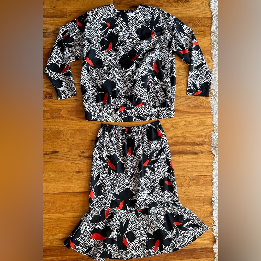 VTG 80s Matching Set Blouse Skirt Red / Blk Sz S/M Floral Print Shoulder Pads